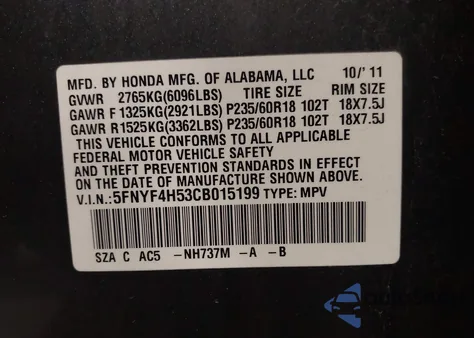 2012 Honda Pilot Ex-L z USA, uszkodzony, nr VIN 5FNYF4H53CB015199